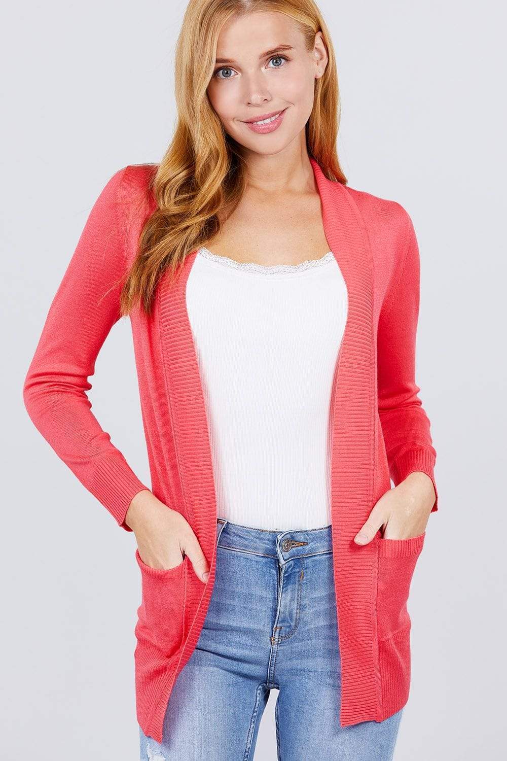 Long Sleeve Rib Banded Open Sweater Cardigan With Pockets-TOPS / DRESSES-[Adult]-[Female]-Bright Pink-S-Blue Zone Planet