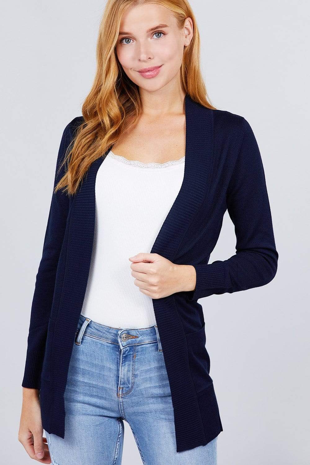 Long Sleeve Rib Banded Open Sweater Cardigan With Pockets-TOPS / DRESSES-[Adult]-[Female]-Dark Navy-S-Blue Zone Planet