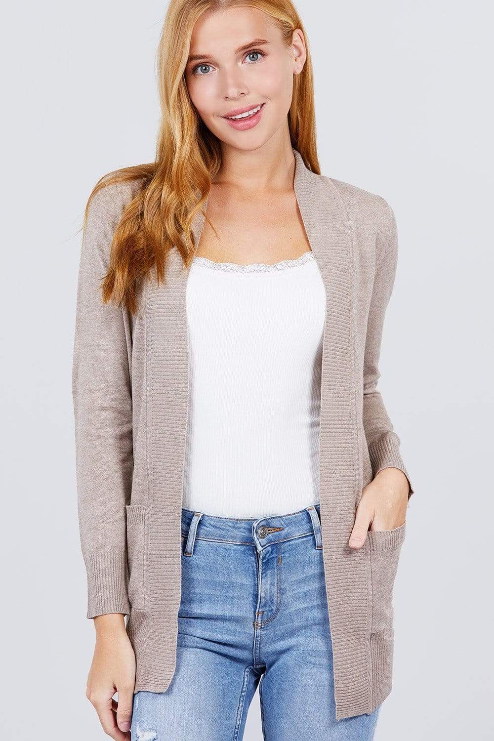 Long Sleeve Rib Banded Open Sweater Cardigan With Pockets-TOPS / DRESSES-[Adult]-[Female]-Heather Taupe-S-Blue Zone Planet