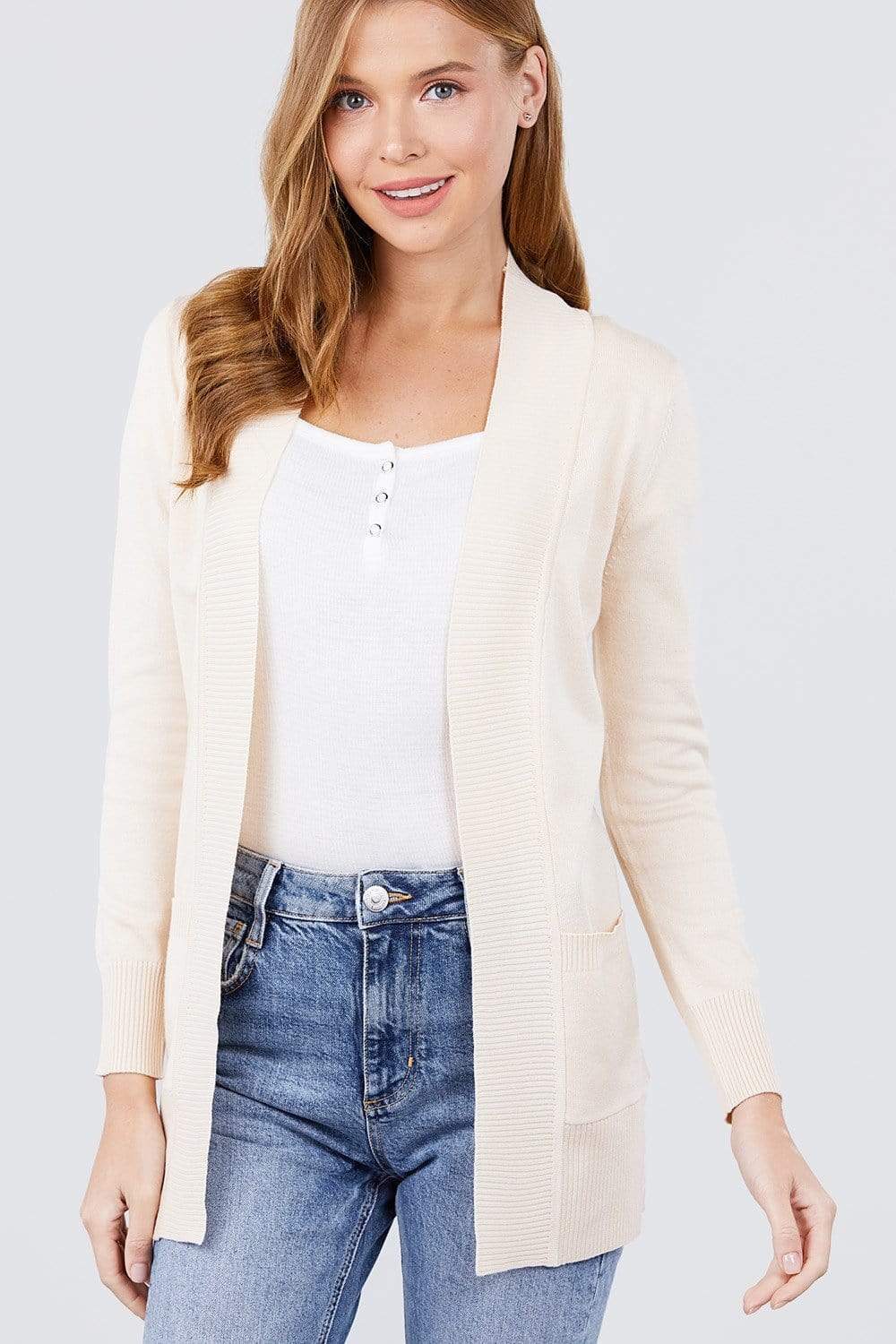 Long Sleeve Rib Banded Open Sweater Cardigan With Pockets-TOPS / DRESSES-[Adult]-[Female]-Ivory-S-Blue Zone Planet