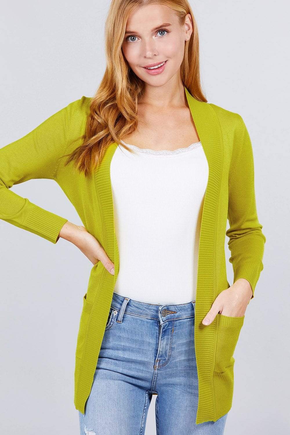 Long Sleeve Rib Banded Open Sweater Cardigan With Pockets-TOPS / DRESSES-[Adult]-[Female]-Lime-S-Blue Zone Planet