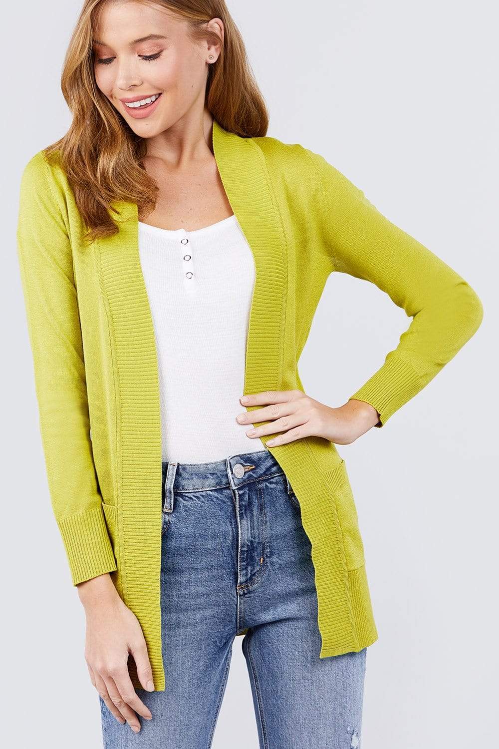 Long Sleeve Rib Banded Open Sweater Cardigan With Pockets-TOPS / DRESSES-[Adult]-[Female]-Lime Green-S-Blue Zone Planet