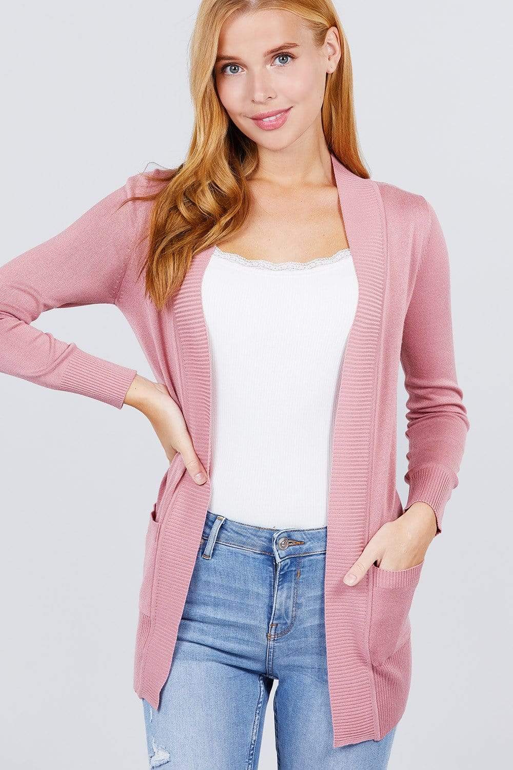 Long Sleeve Rib Banded Open Sweater Cardigan With Pockets-TOPS / DRESSES-[Adult]-[Female]-Modern Pink-S-Blue Zone Planet