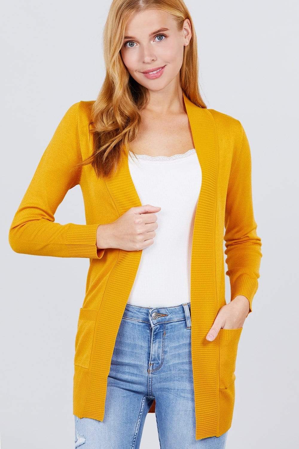 Long Sleeve Rib Banded Open Sweater Cardigan With Pockets-TOPS / DRESSES-[Adult]-[Female]-Mustard-S-Blue Zone Planet