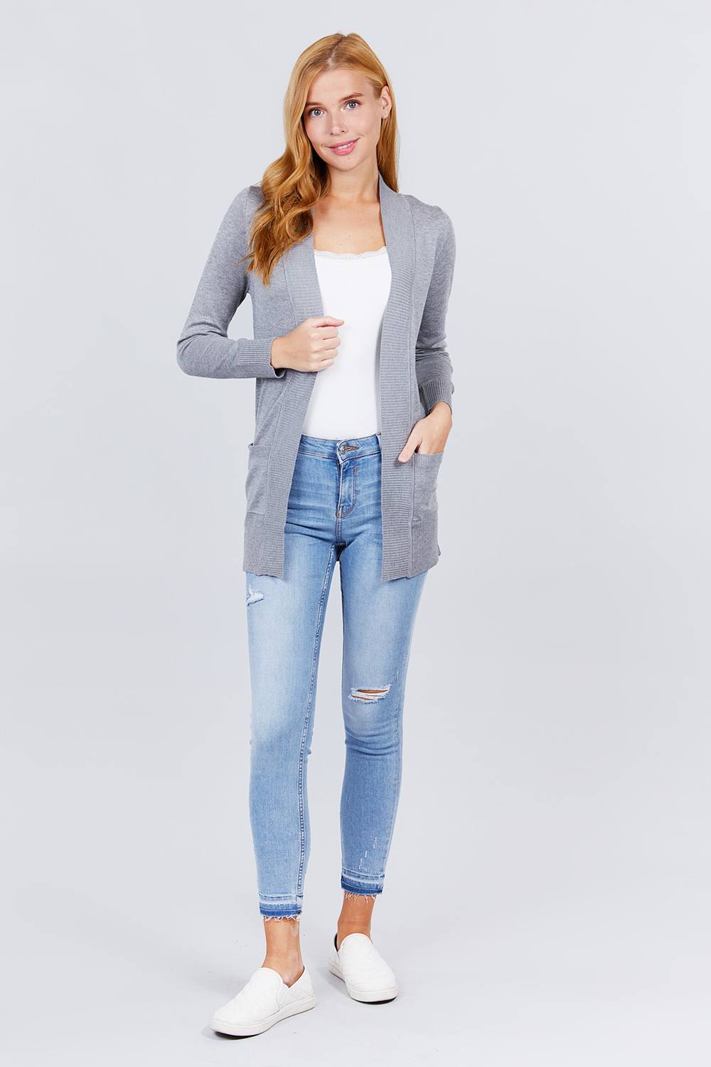 Long Sleeve Rib Banded Open Sweater Cardigan With Pockets-TOPS / DRESSES-[Adult]-[Female]-New Heather Grey-S-Blue Zone Planet