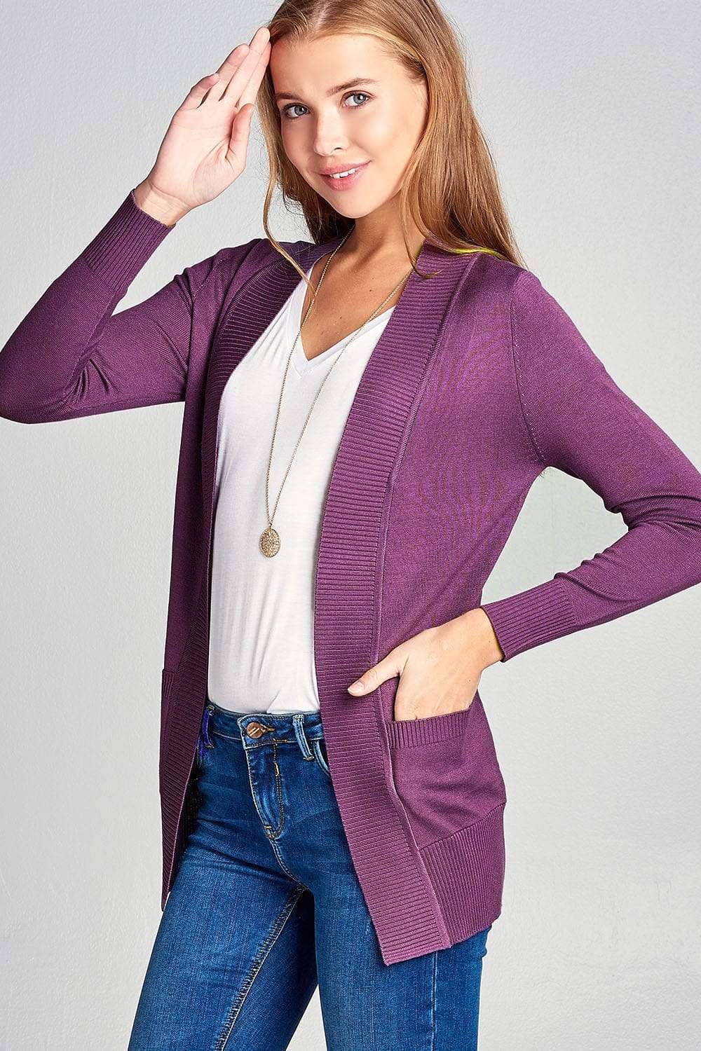 Long Sleeve Rib Banded Open Sweater Cardigan With Pockets-TOPS / DRESSES-[Adult]-[Female]-Purple-S-Blue Zone Planet