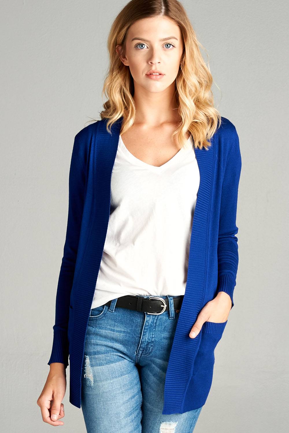 Long Sleeve Rib Banded Open Sweater Cardigan With Pockets-TOPS / DRESSES-[Adult]-[Female]-Royal-S-Blue Zone Planet