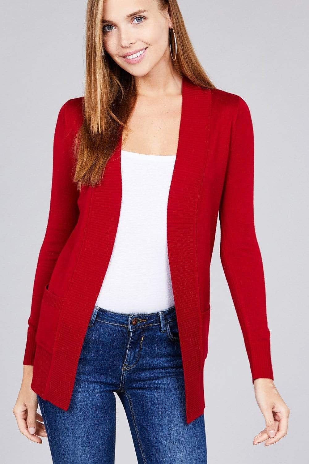 Long Sleeve Rib Banded Open Sweater Cardigan With Pockets-TOPS / DRESSES-[Adult]-[Female]-Ruby Red-S-Blue Zone Planet