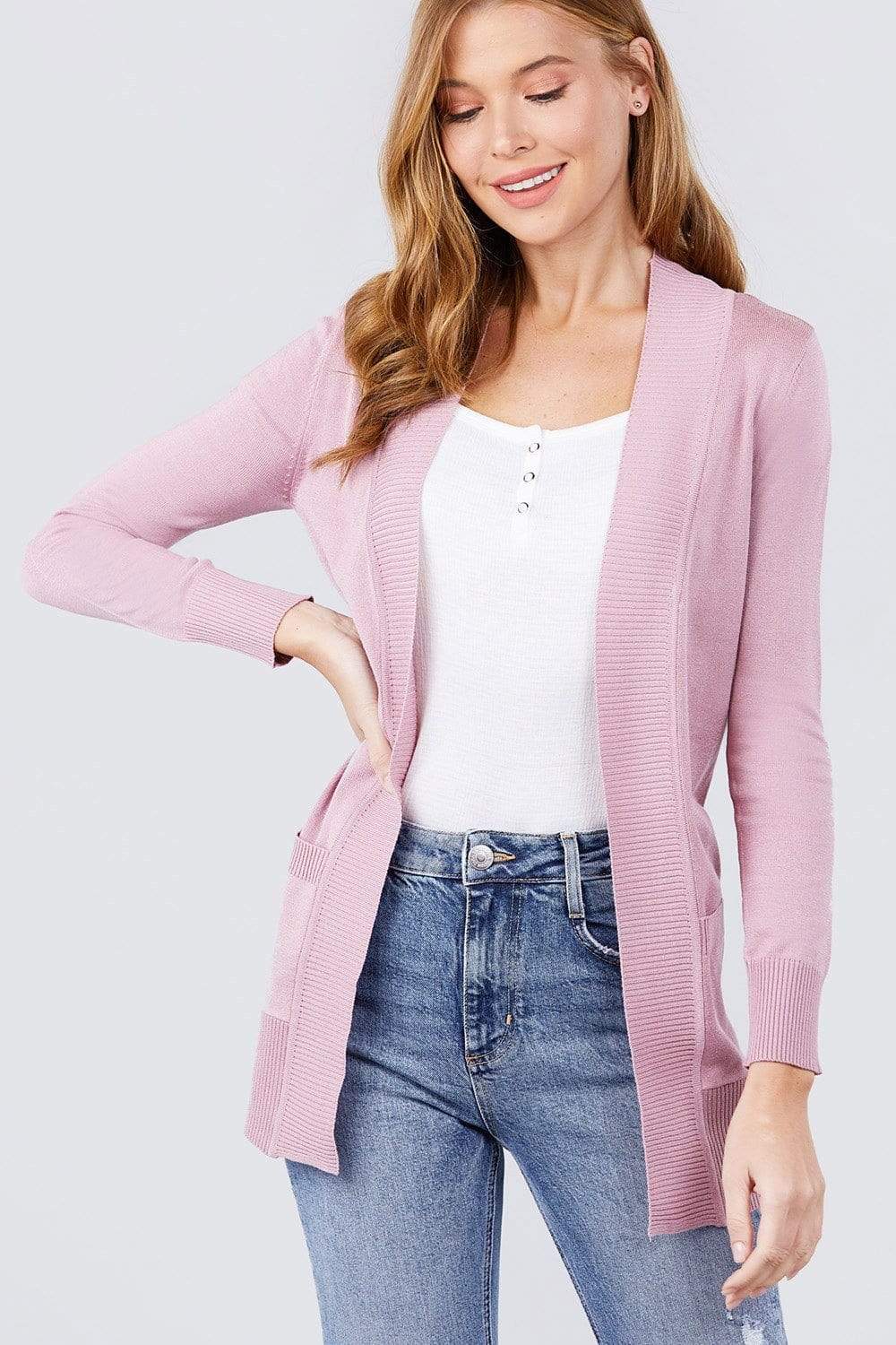 Long Sleeve Rib Banded Open Sweater Cardigan With Pockets-TOPS / DRESSES-[Adult]-[Female]-Spring Mauve-S-Blue Zone Planet