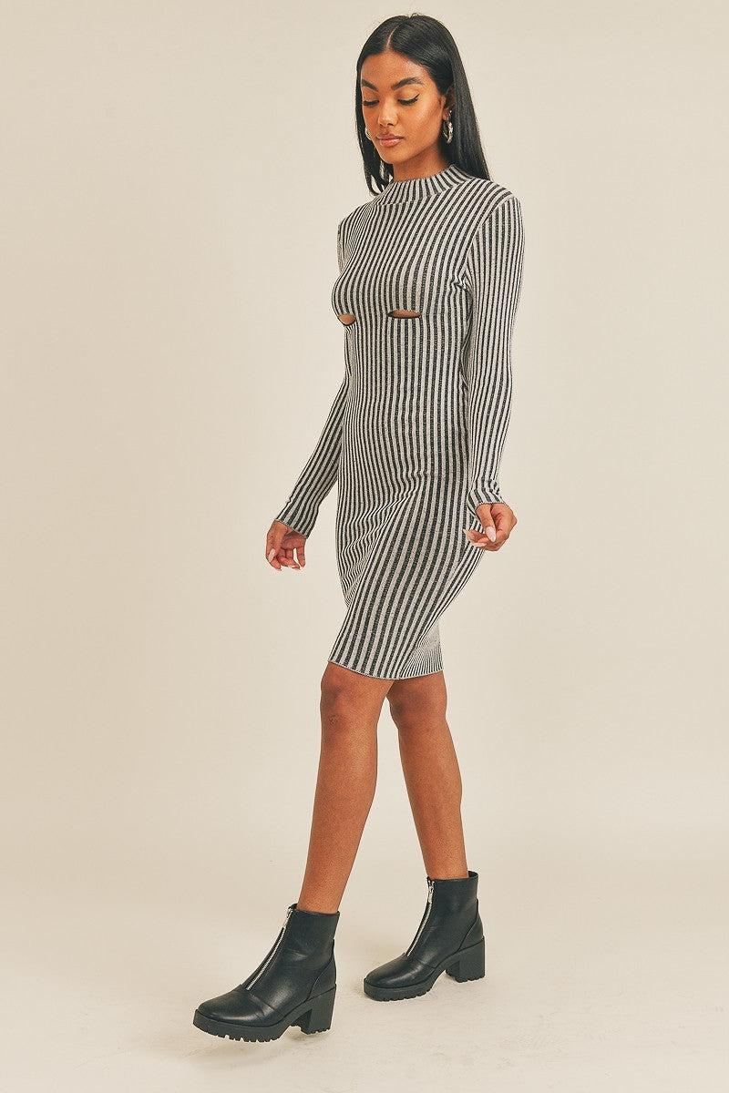 Long Sleeve Stripe Print Midi Dress-[Adult]-[Female]-Blue Zone Planet