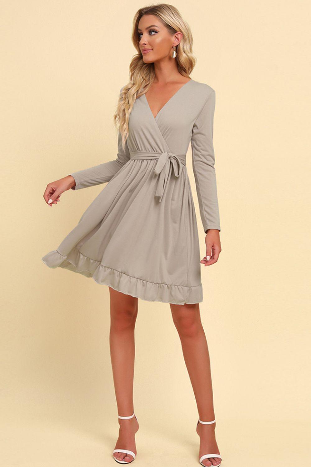 Long Sleeve Tie Waist Ruffle Hem Dress BLUE ZONE PLANET