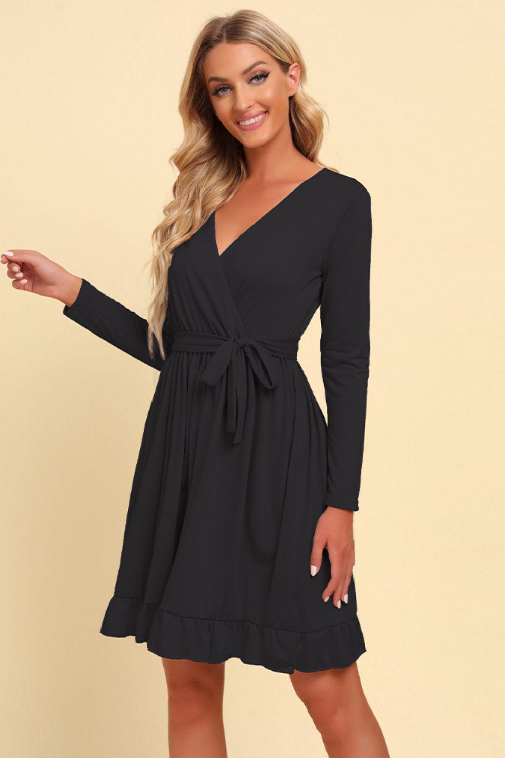 Long Sleeve Tie Waist Ruffle Hem Dress BLUE ZONE PLANET