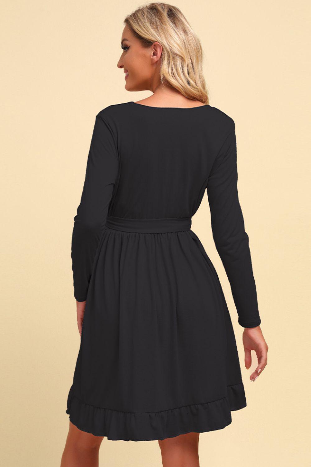 Long Sleeve Tie Waist Ruffle Hem Dress BLUE ZONE PLANET