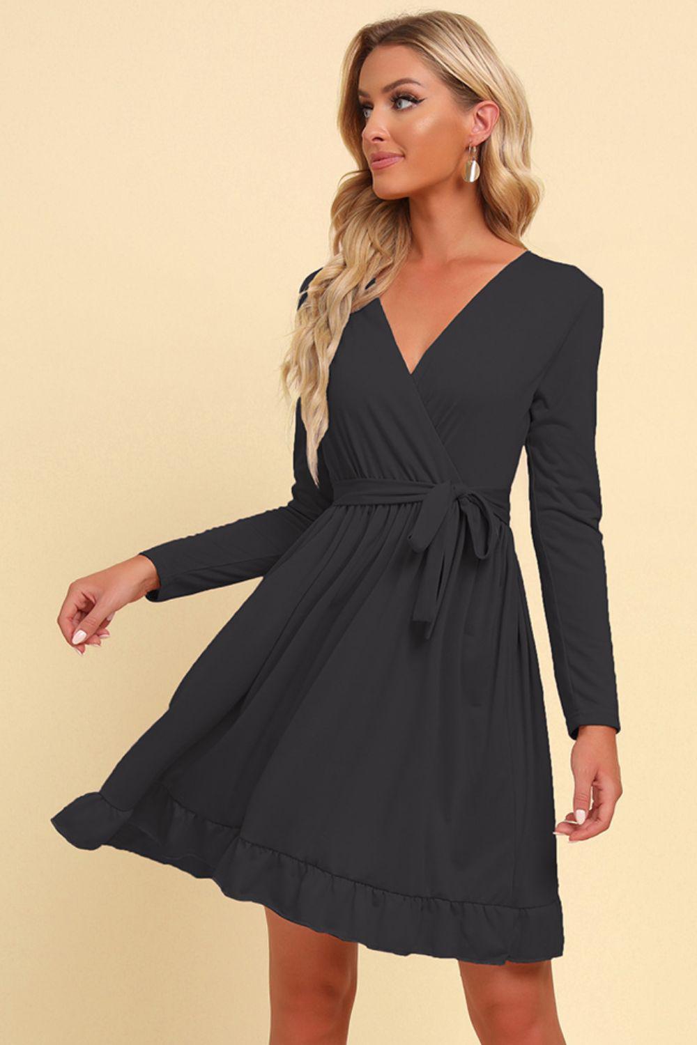 Long Sleeve Tie Waist Ruffle Hem Dress BLUE ZONE PLANET