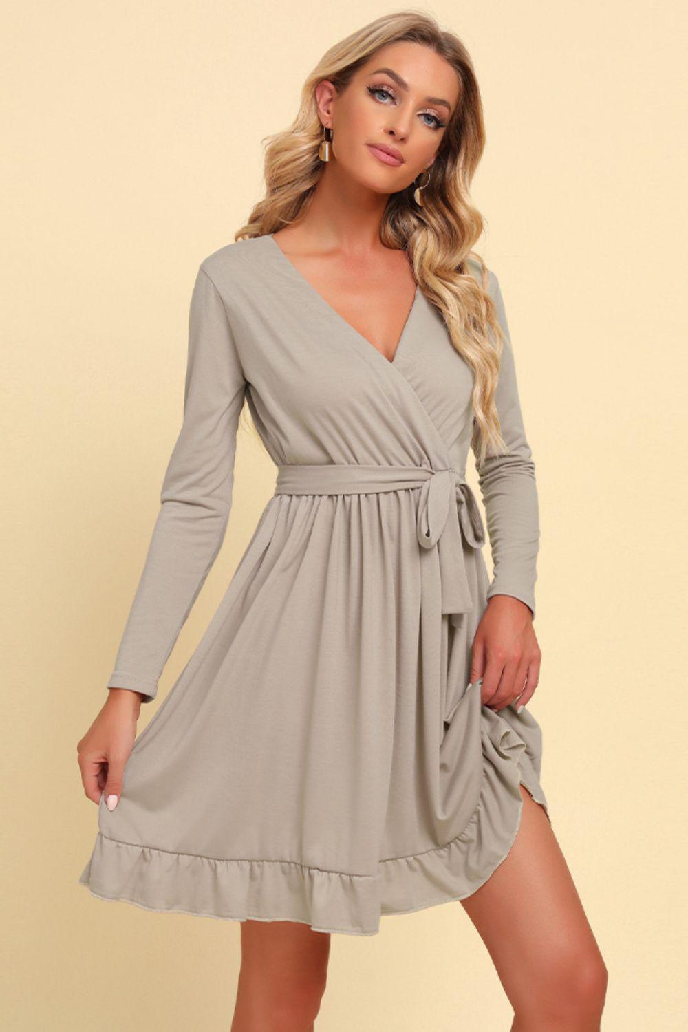 Long Sleeve Tie Waist Ruffle Hem Dress BLUE ZONE PLANET