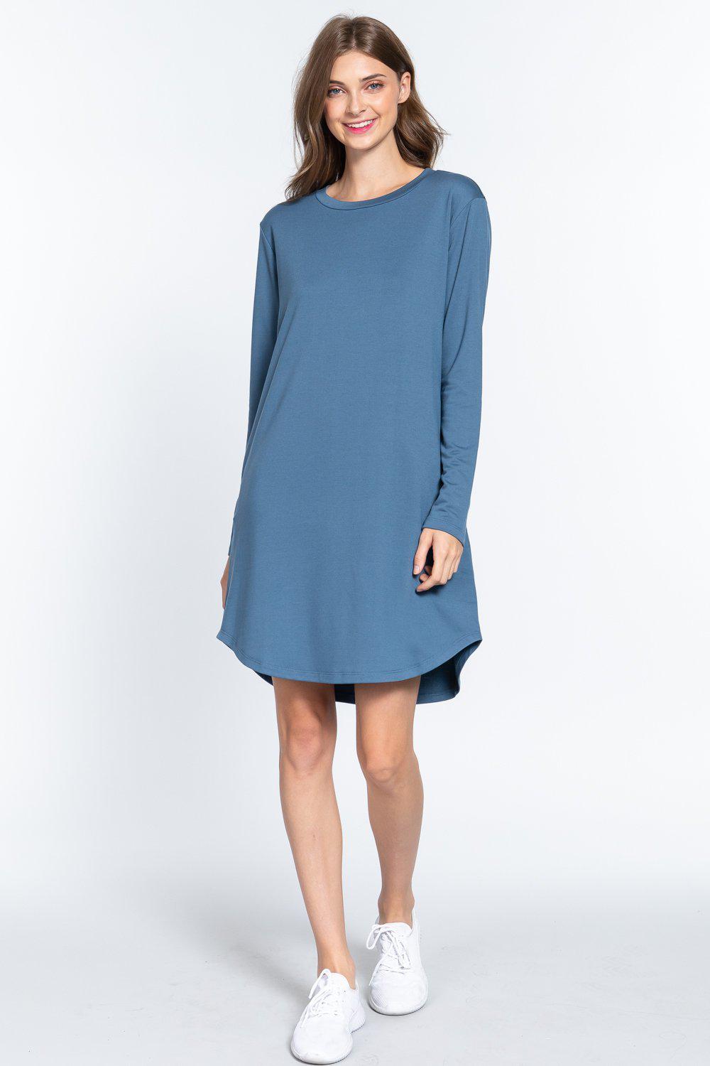Long Slv French Terry Mini Dress-TOPS / DRESSES-[Adult]-[Female]-Blue Zone Planet
