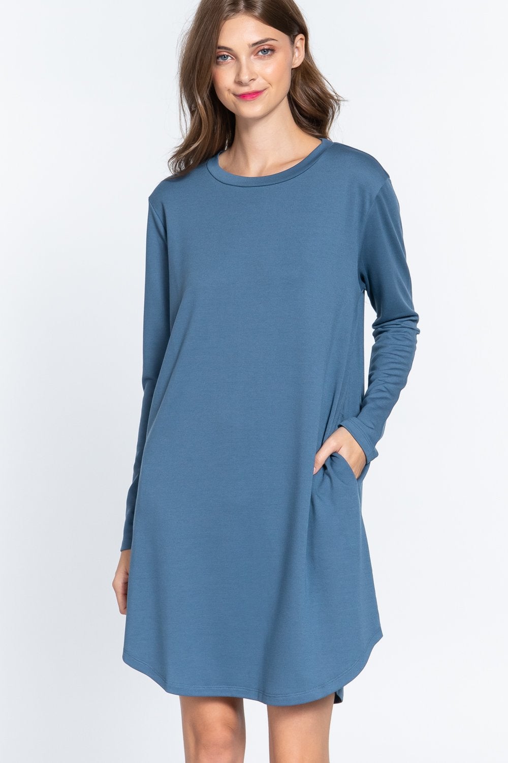 Long Slv French Terry Mini Dress-TOPS / DRESSES-[Adult]-[Female]-Blue Zone Planet
