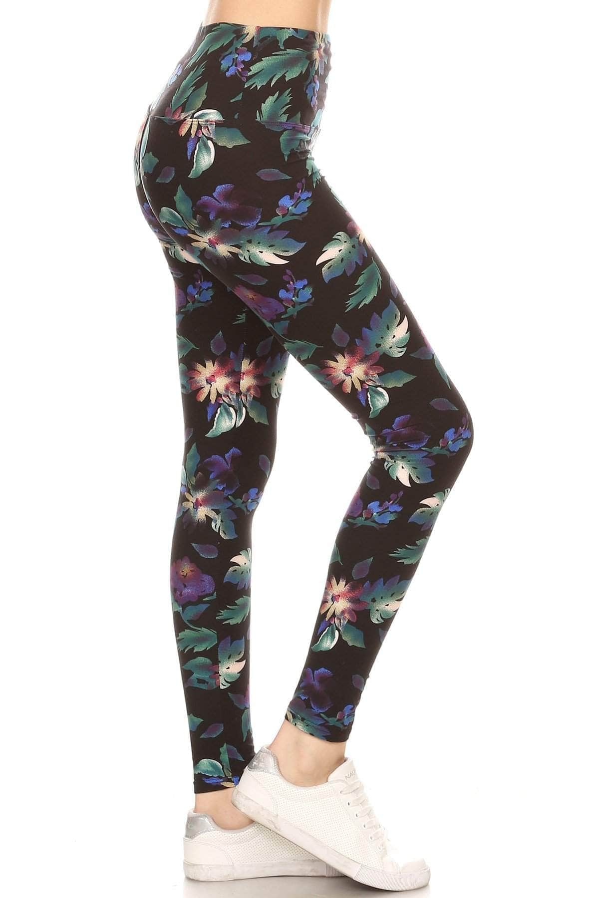 Long Yoga Style Banded Lined Floral Printed Knit Legging With High Waist Blue Zone Planet