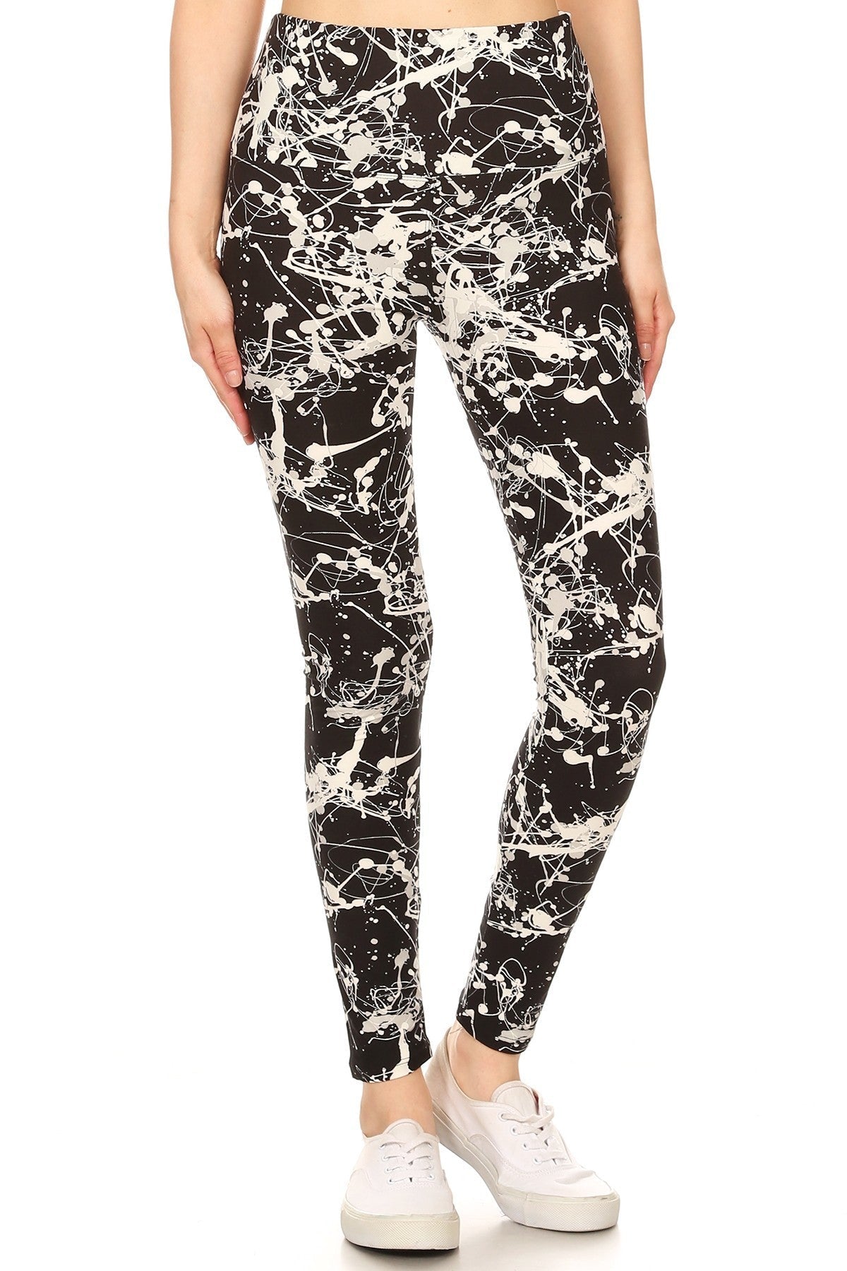 Long Yoga Style Banded Lined Paint Splatters Printed Knit Legging With High Waist Blue Zone Planet