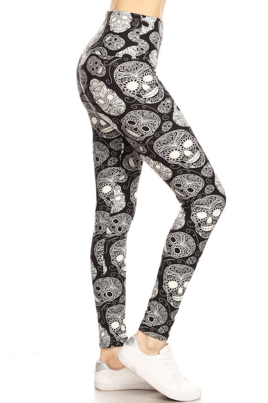 Long Yoga Style Banded Lined Skull Printed Knit Legging With High Waist Blue Zone Planet