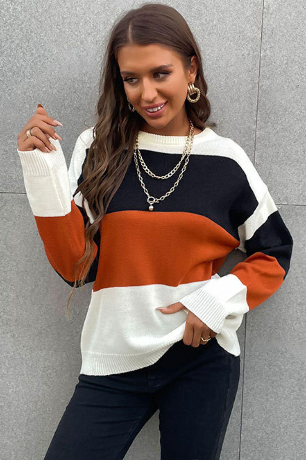 Longing For Fall Color Block Sweater-TOPS / DRESSES-[Adult]-[Female]-Brown-S-Blue Zone Planet