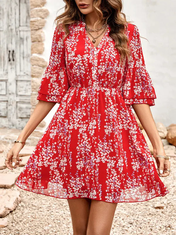 Luna's V-Neck Half-Sleeve Printed Mini Dress BLUE ZONE PLANET