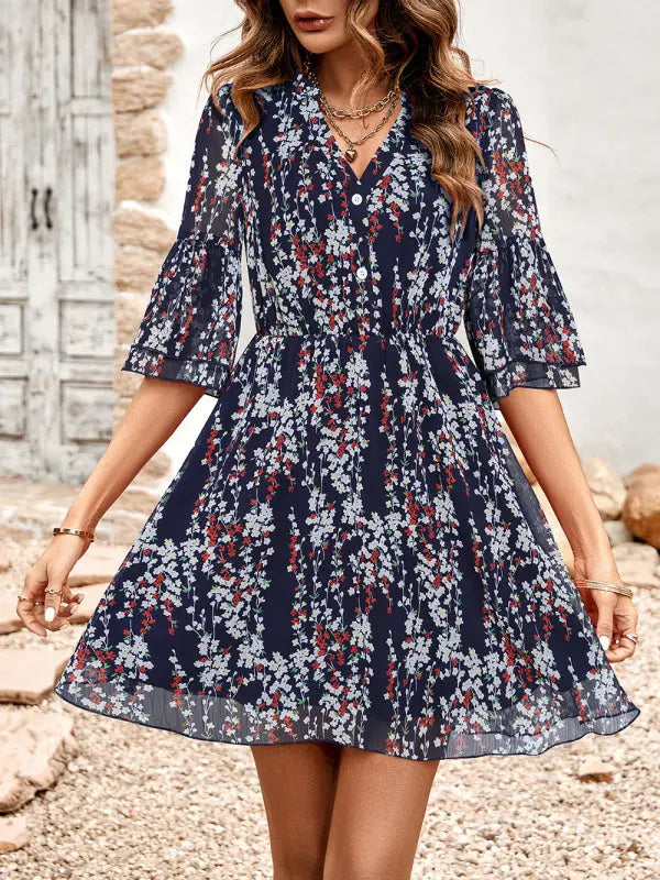 Luna's V-Neck Half-Sleeve Printed Mini Dress BLUE ZONE PLANET