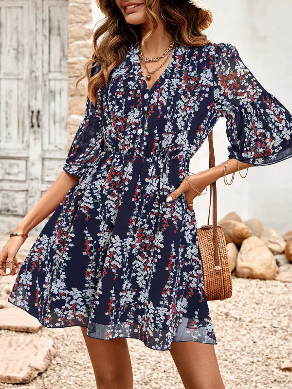 Luna's V-Neck Half-Sleeve Printed Mini Dress BLUE ZONE PLANET