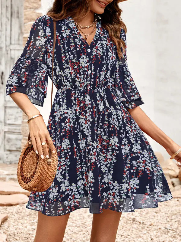 Luna's V-Neck Half-Sleeve Printed Mini Dress BLUE ZONE PLANET