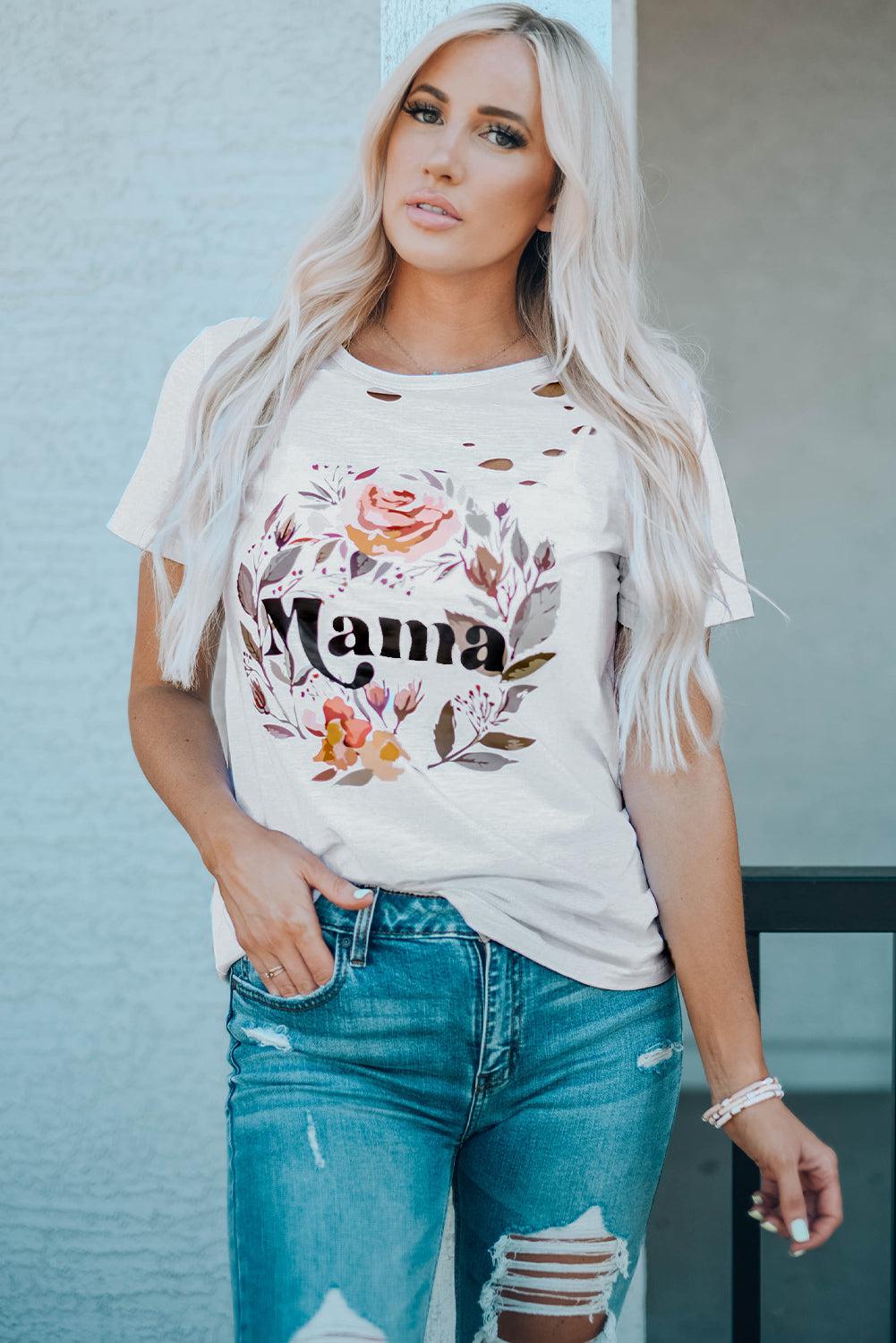 MAMA Floral Graphic Distressed Tee BLUE ZONE PLANET