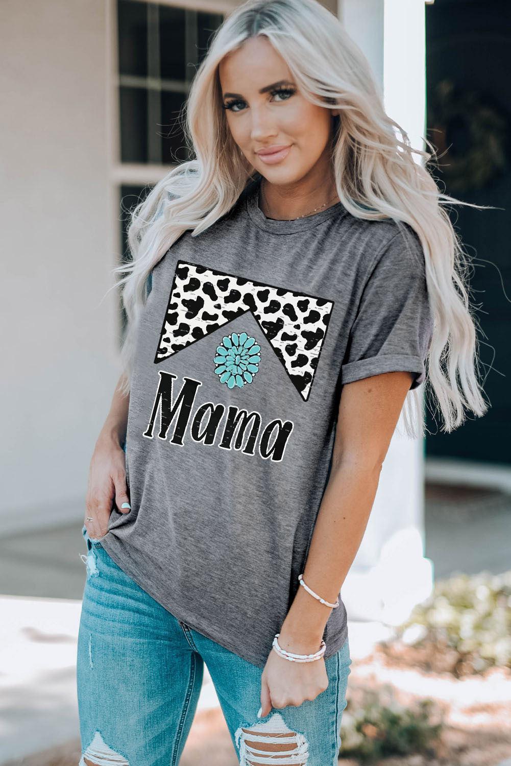 MAMA Graphic Cuffed Sleeve Round Neck Tee BLUE ZONE PLANET