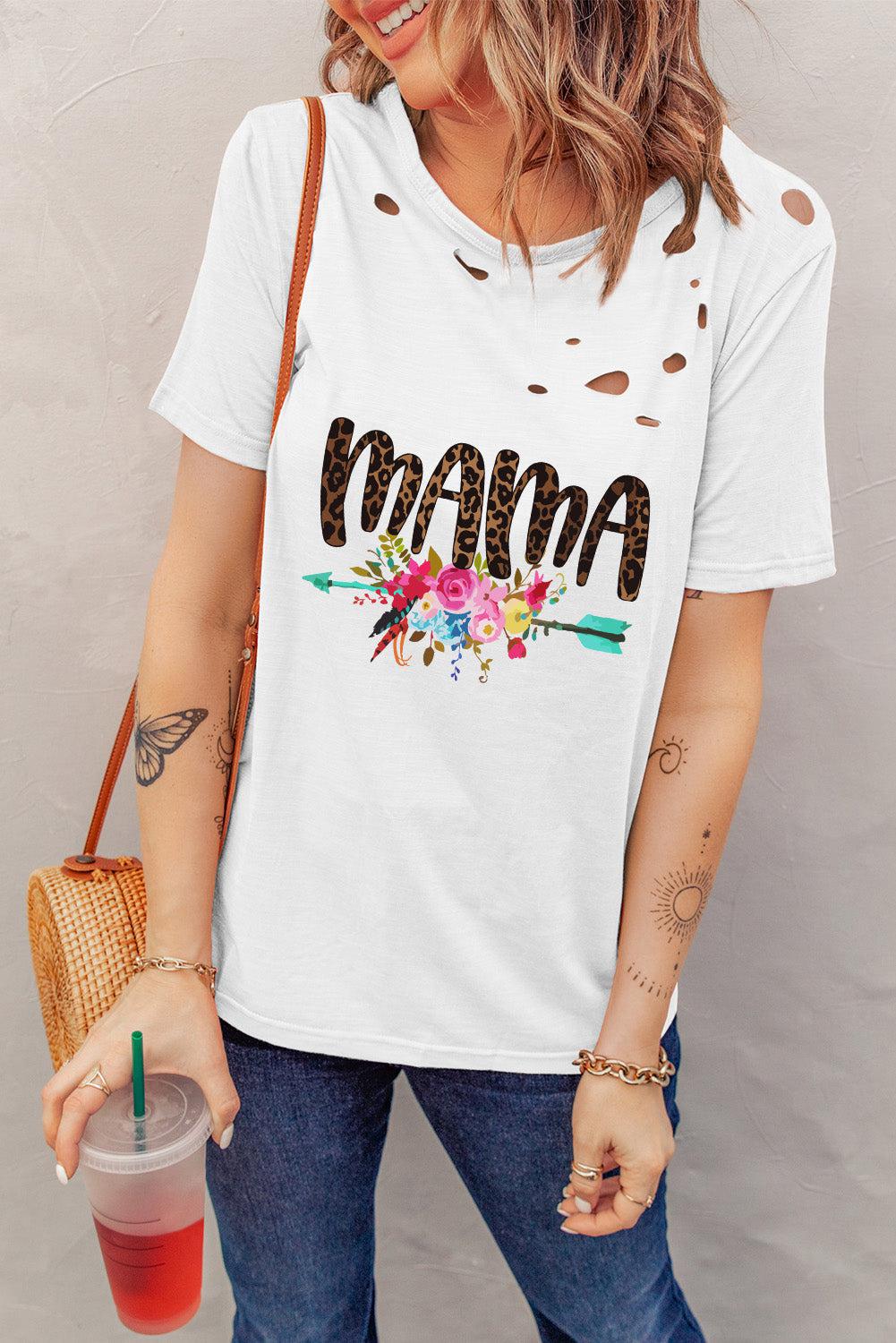 MAMA Graphic Distressed Round Neck Tee BLUE ZONE PLANET