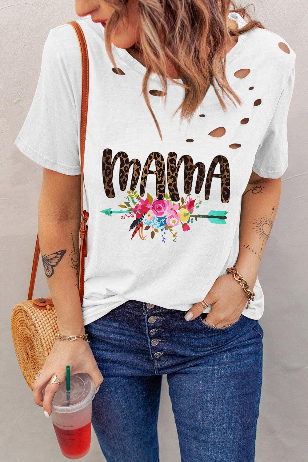 MAMA Graphic Distressed Round Neck Tee BLUE ZONE PLANET