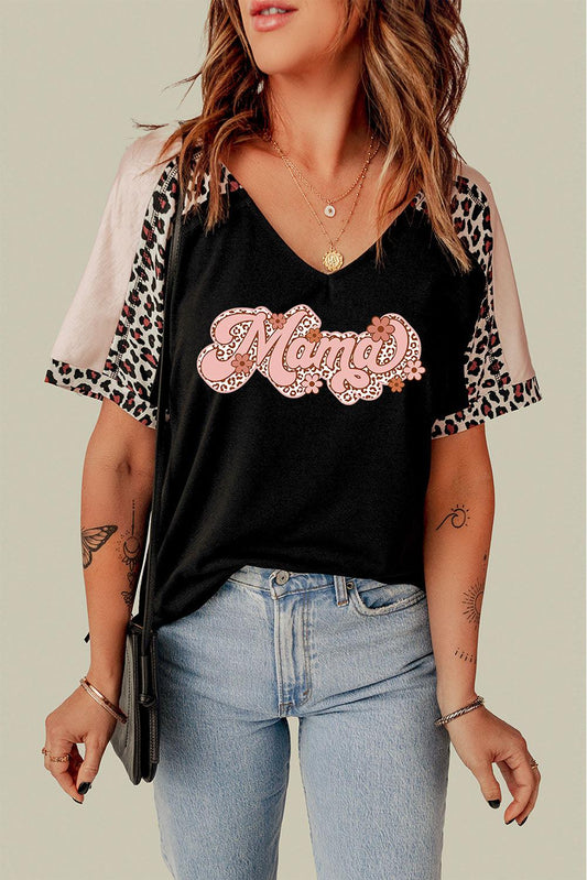 MAMA Graphic Leopard V-Neck Tee Shirt BLUE ZONE PLANET