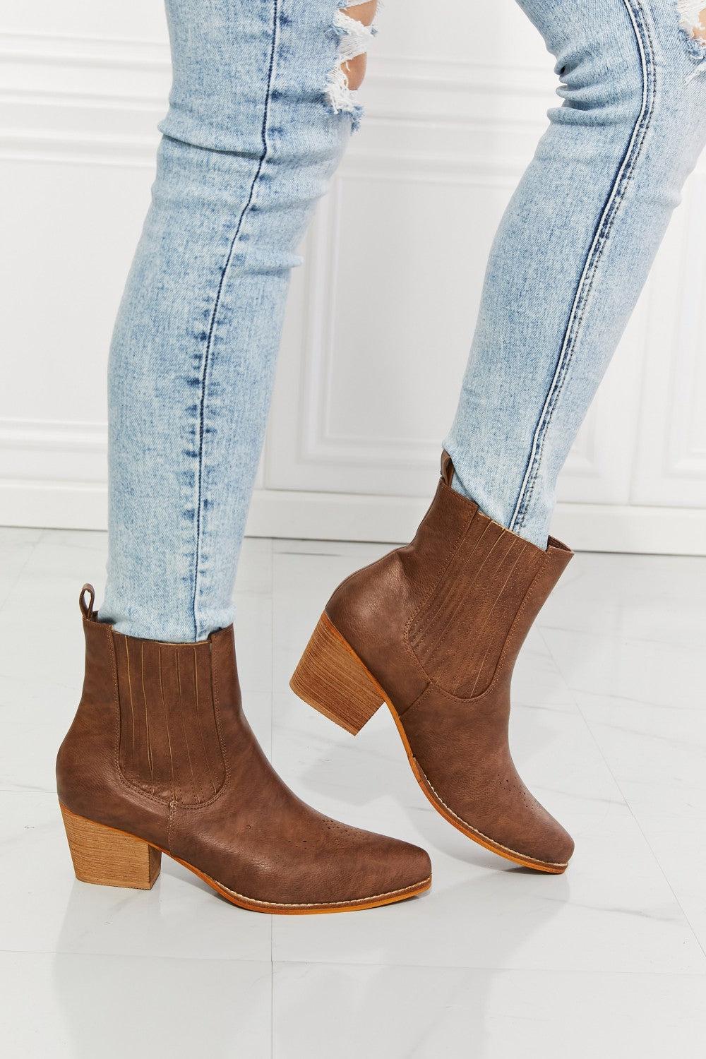 MMShoes Love the Journey Stacked Heel Chelsea Boot in Chestnut BLUE ZONE PLANET