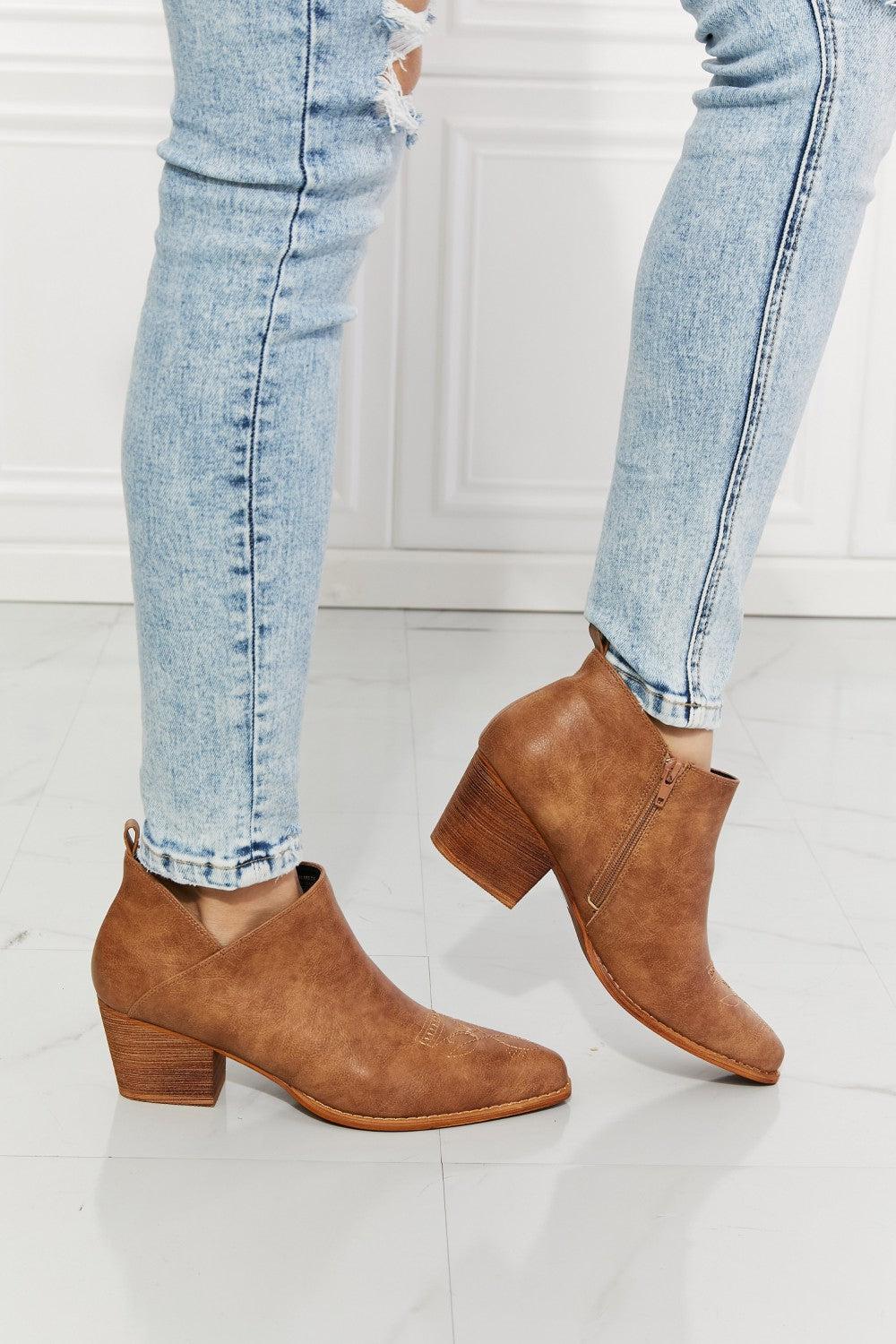 MMShoes Trust Yourself Embroidered Crossover Cowboy Bootie in Caramel BLUE ZONE PLANET