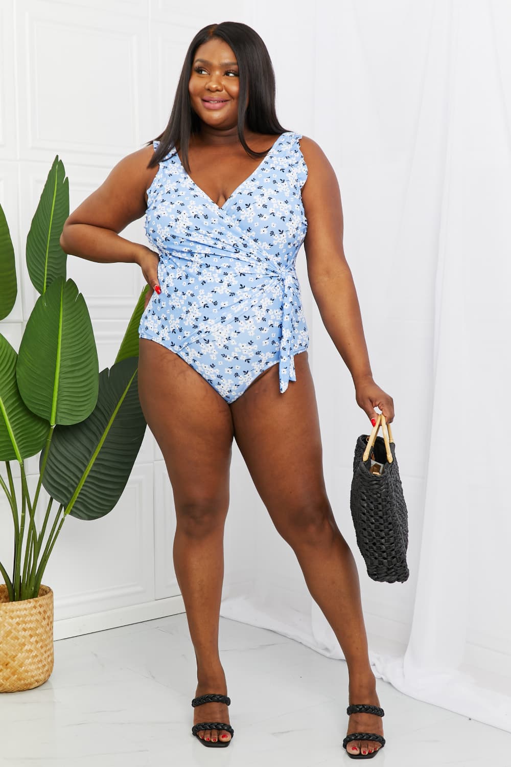 Marina West Swim Full Size Float On Ruffle Faux Wrap One-Piece in Blossom Blue BLUE ZONE PLANET