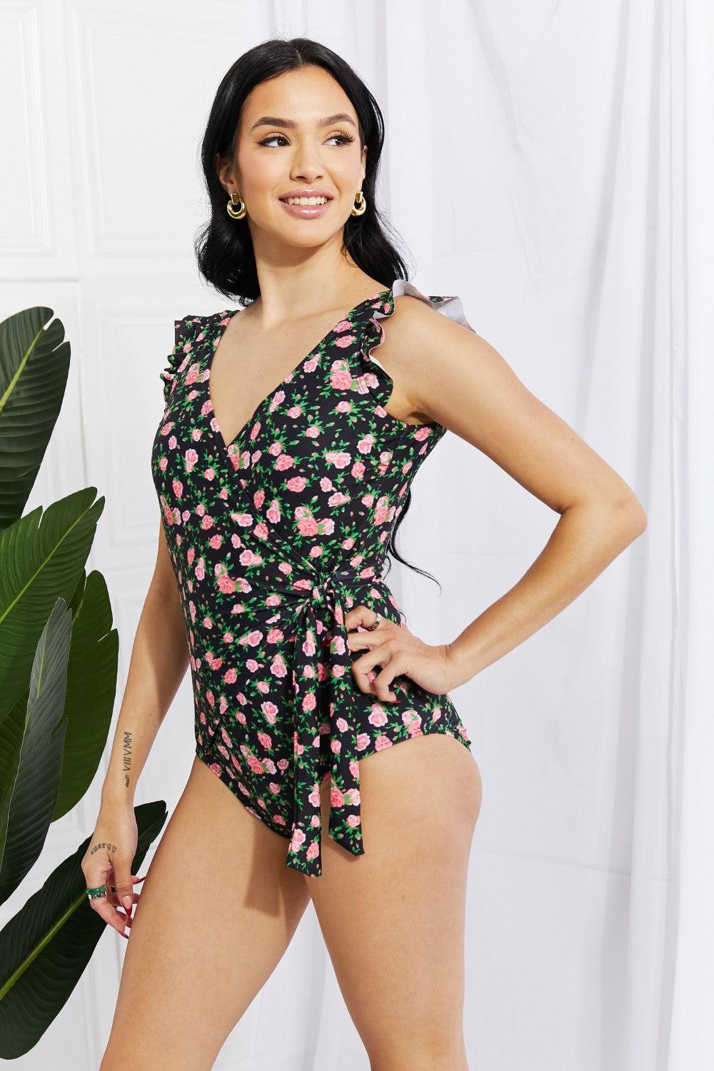 Marina West Swim Full Size Float On Ruffle Faux Wrap One-Piece in Floral BLUE ZONE PLANET