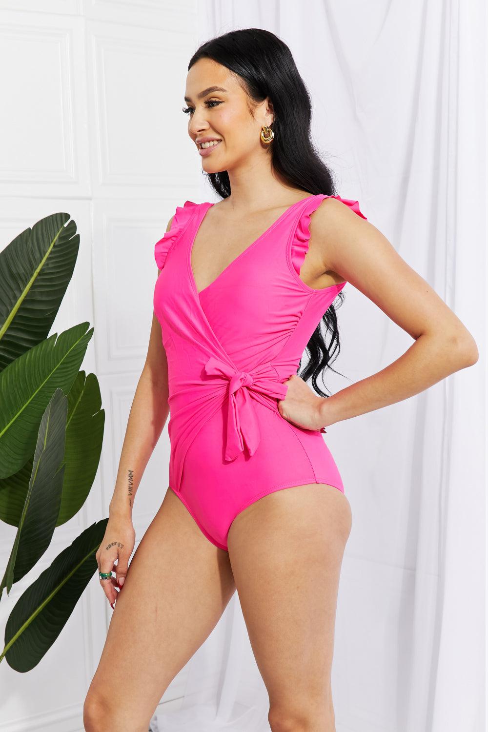 Marina West Swim Full Size Float On Ruffle Faux Wrap One-Piece in Pink BLUE ZONE PLANET