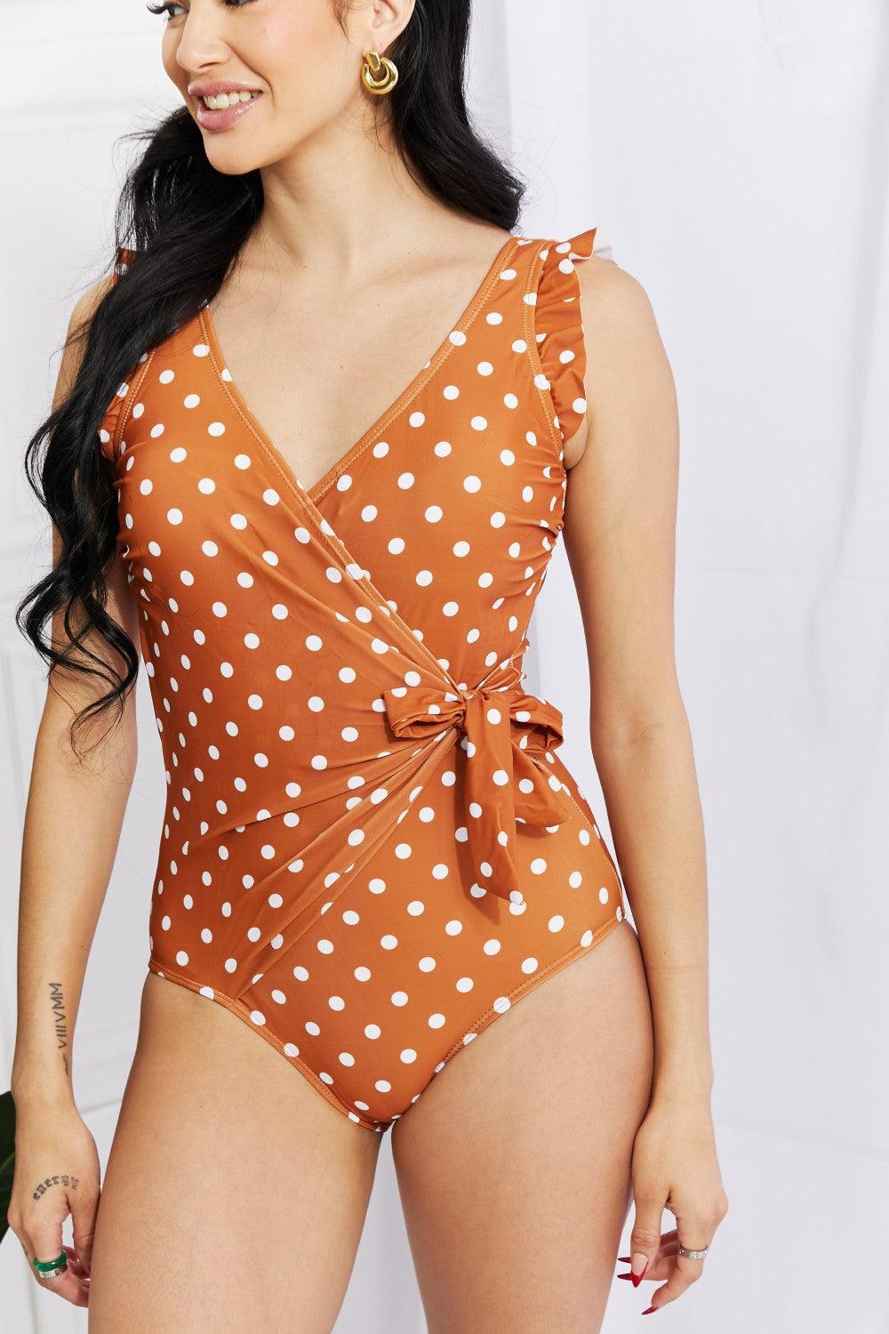 Marina West Swim Full Size Float On Ruffle Faux Wrap One-Piece in Terracotta BLUE ZONE PLANET