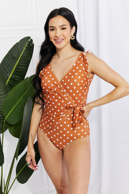 Marina West Swim Full Size Float On Ruffle Faux Wrap One-Piece in Terracotta BLUE ZONE PLANET