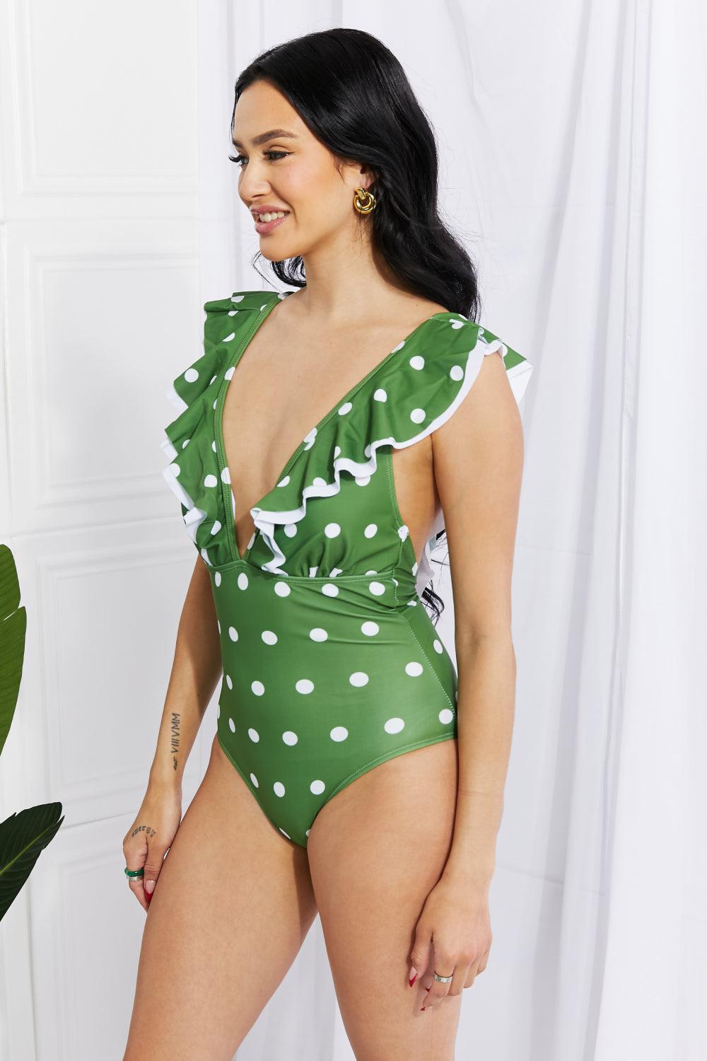 Marina West Swim Moonlit Dip Ruffle Plunge Swimsuit in Mid Green BLUE ZONE PLANET