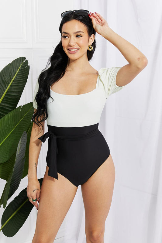 Marina West Swim Salty Air Puff Sleeve One-Piece in Cream/Black BLUE ZONE PLANET