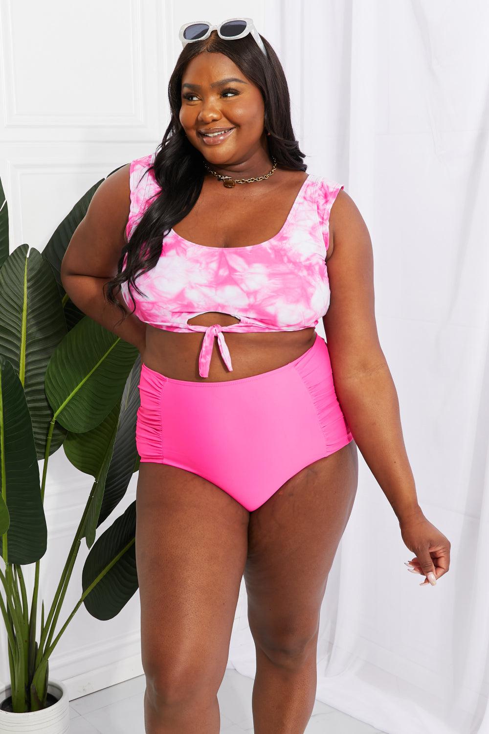 Marina West Swim Sanibel Crop Swim Top and Ruched Bottoms Set in Pink BLUE ZONE PLANET