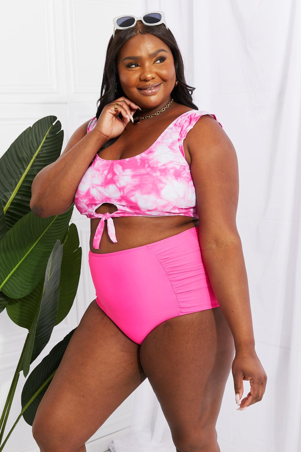 Marina West Swim Sanibel Crop Swim Top and Ruched Bottoms Set in Pink BLUE ZONE PLANET