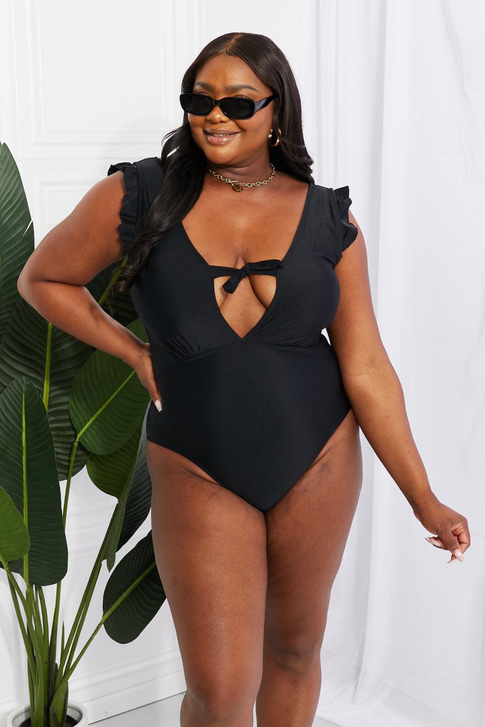 Marina West Swim Seashell Ruffle Sleeve One-Piece in Black BLUE ZONE PLANET