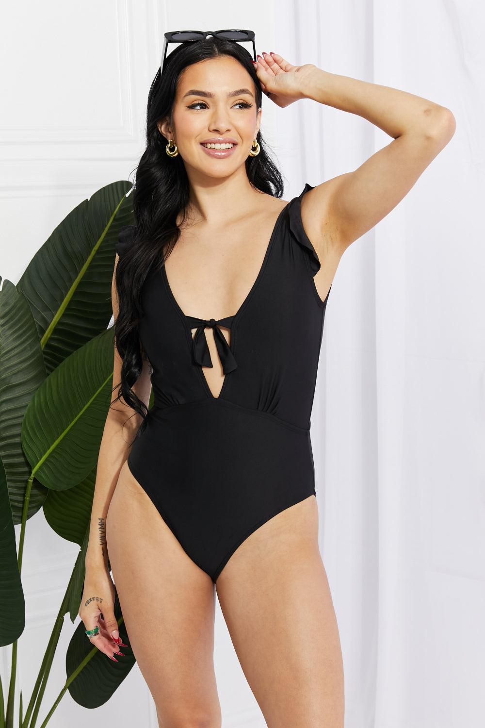 Marina West Swim Seashell Ruffle Sleeve One-Piece in Black BLUE ZONE PLANET