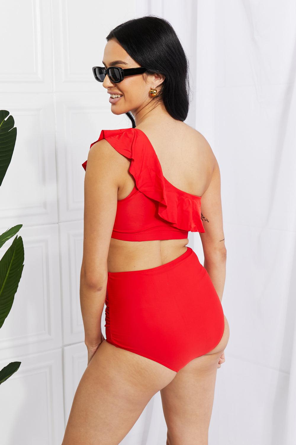 Marina West Swim Seaside Romance Ruffle One-Shoulder Bikini in Red BLUE ZONE PLANET