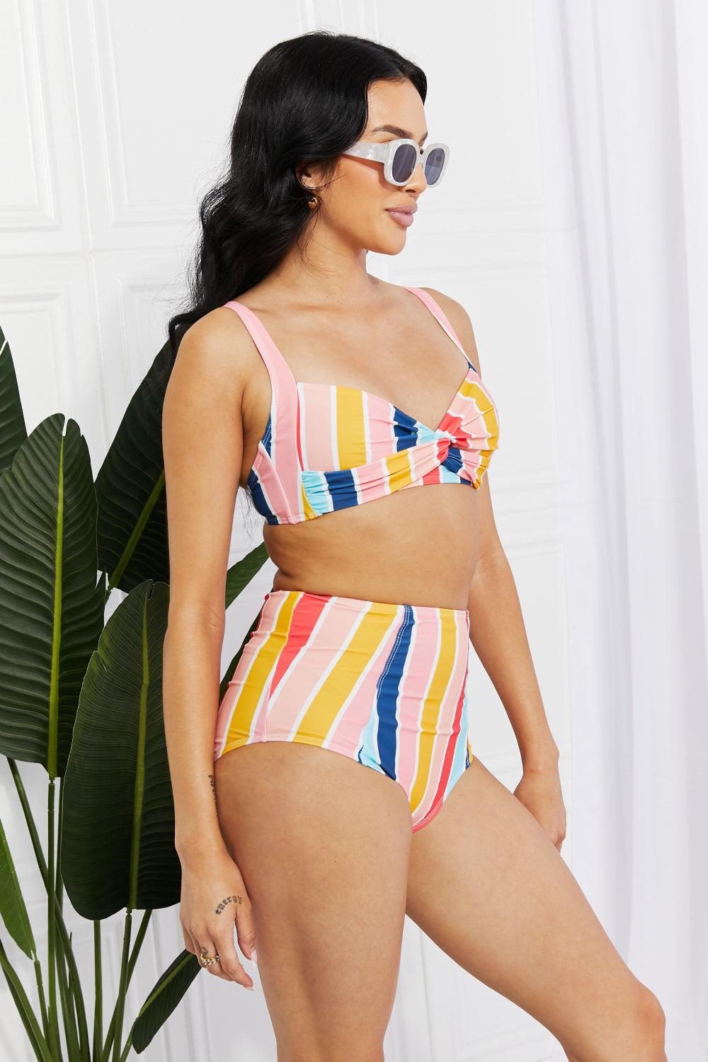 Marina West Swim Take A Dip Twist High-Rise Bikini in Stripe BLUE ZONE PLANET