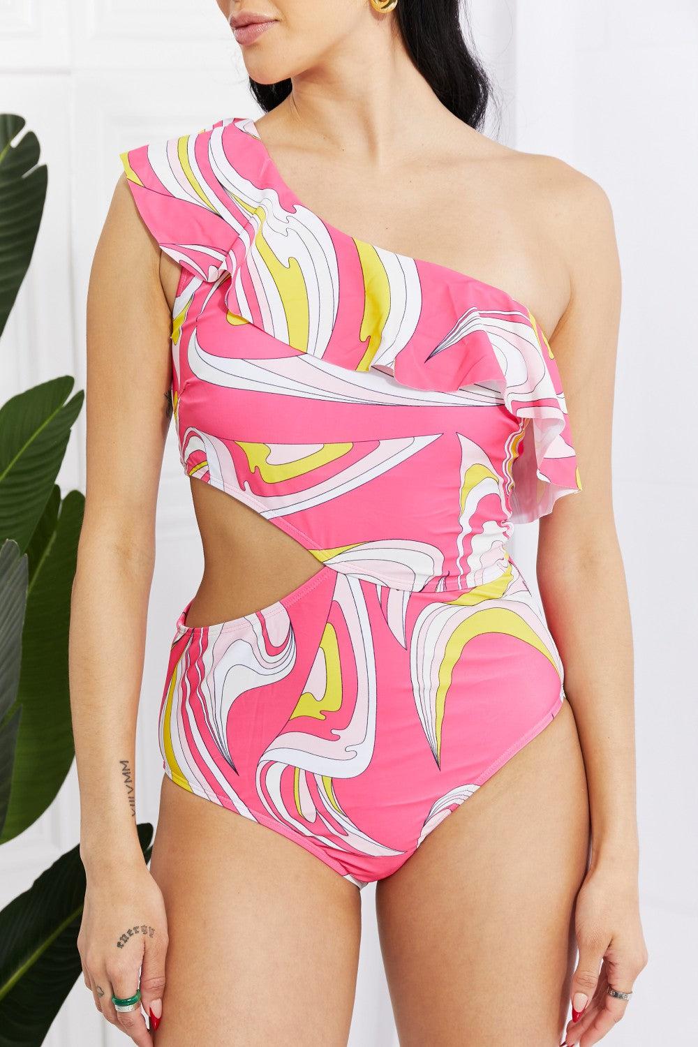 Marina West Swim Vitamin C Asymmetric Cutout Ruffle Swimsuit in Pink BLUE ZONE PLANET